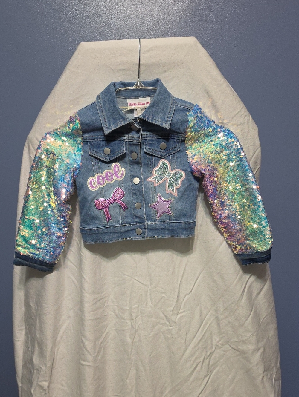 Girls Like Us Size 5 Blue Denim Jacket with Iridescent Sequin Sleeves
